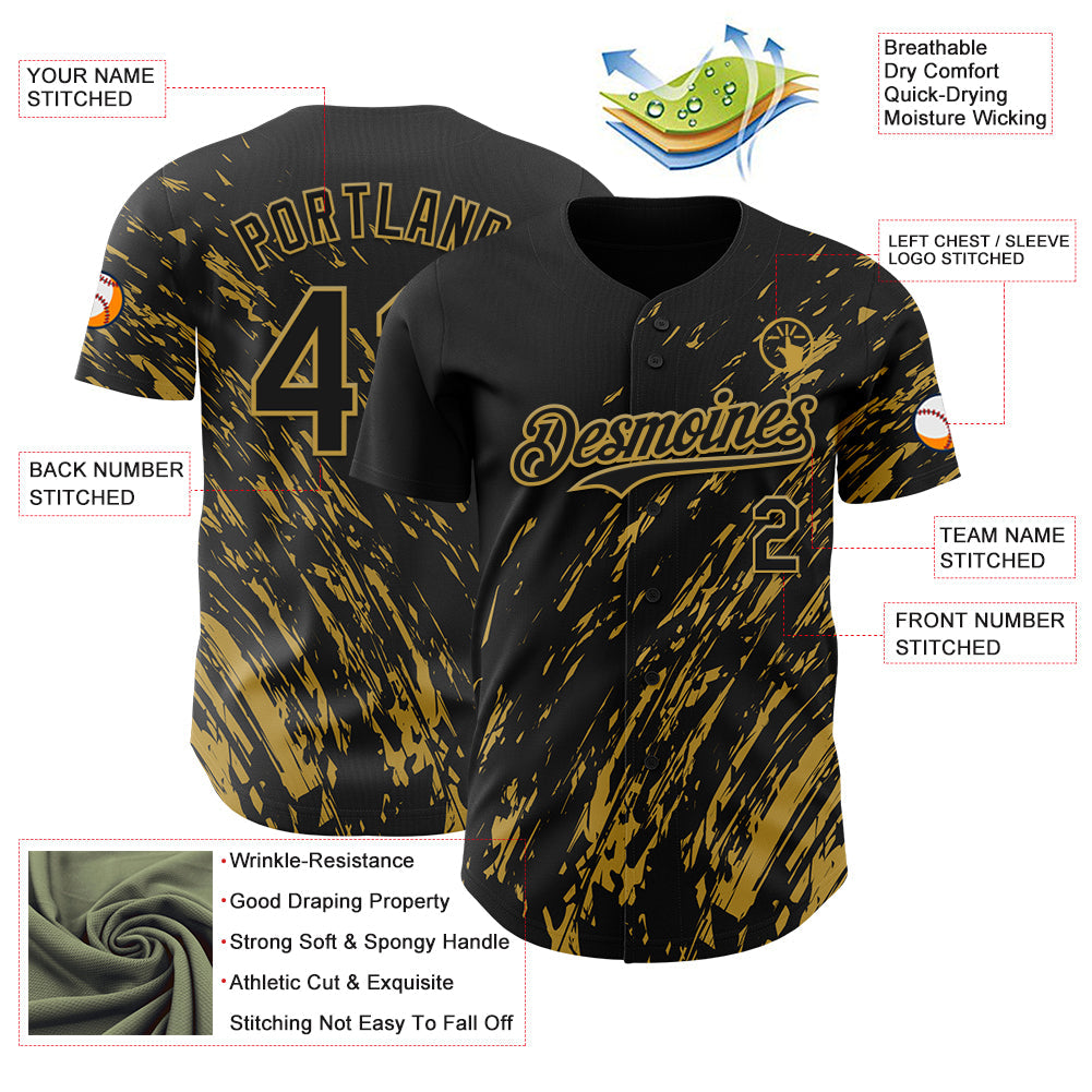 Custom Black Old Gold Paint Stroke Grunge Streak Authentic Baseball Jersey view 3