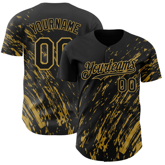 Custom Black Old Gold Paint Stroke Grunge Streak Authentic Baseball Jersey - Main View