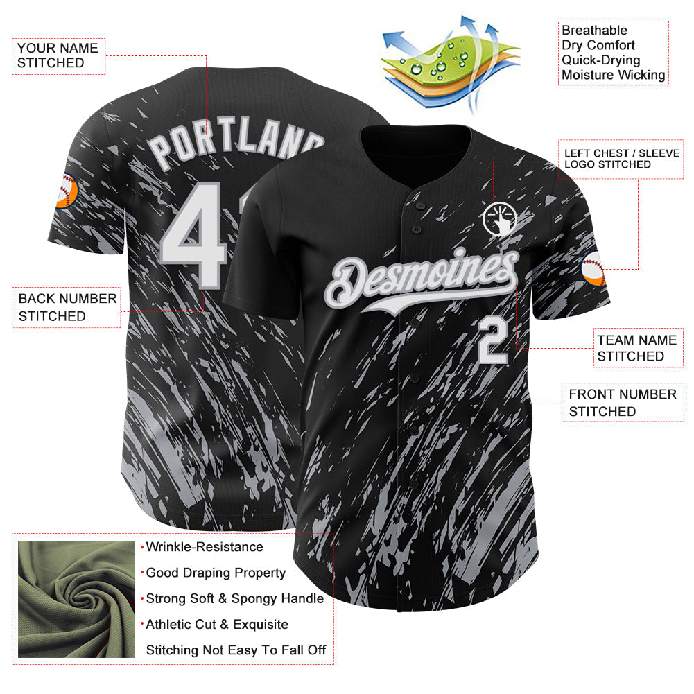 Custom Black White-Gray Paint Stroke Grunge Streak Authentic Baseball Jersey view 3