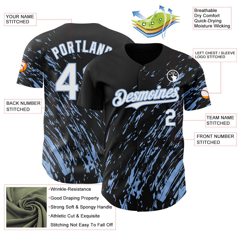 Custom Black White-Light Blue Paint Stroke Grunge Streak Authentic Baseball Jersey view 3