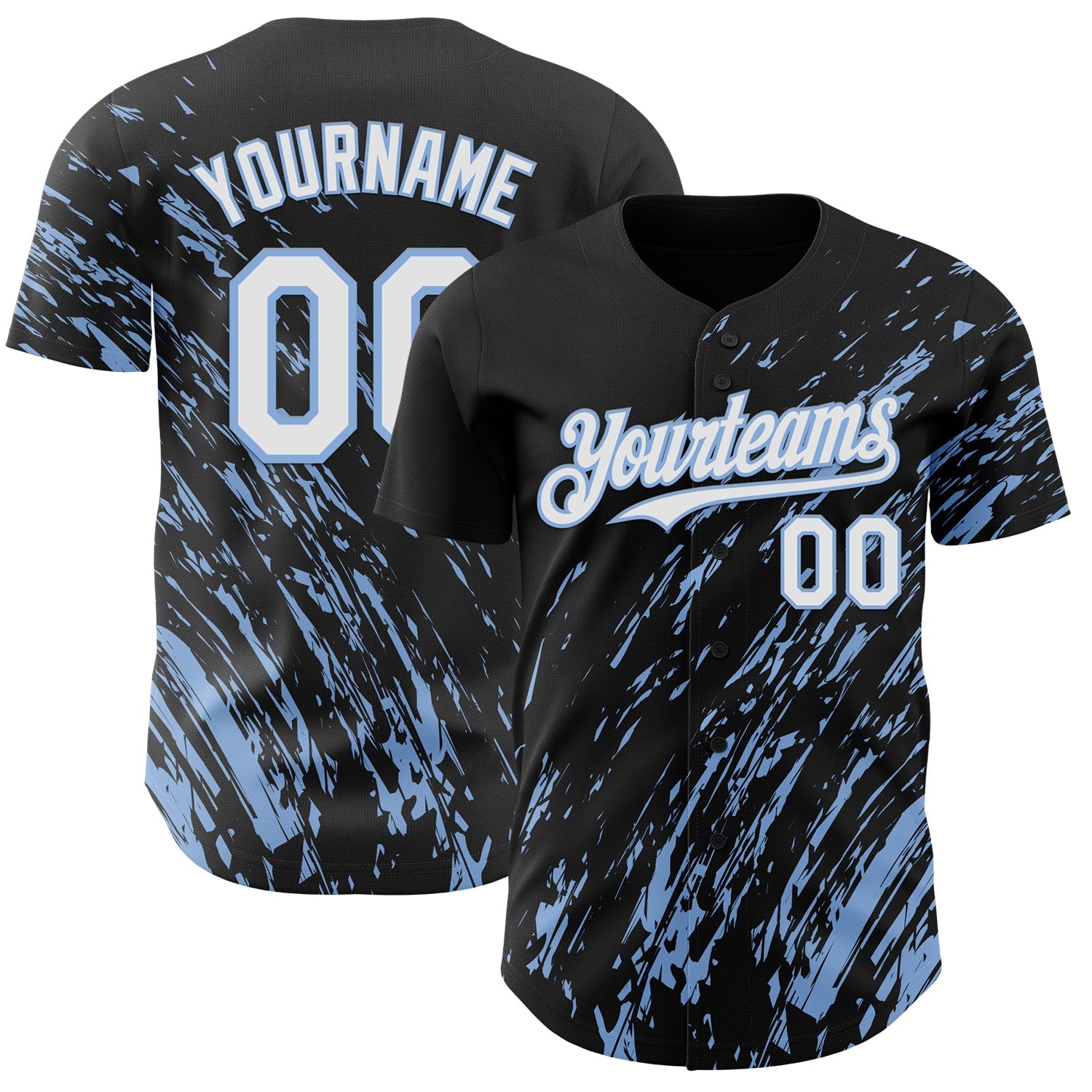Custom Black White-Light Blue Paint Stroke Grunge Streak Authentic Baseball Jersey - Main View