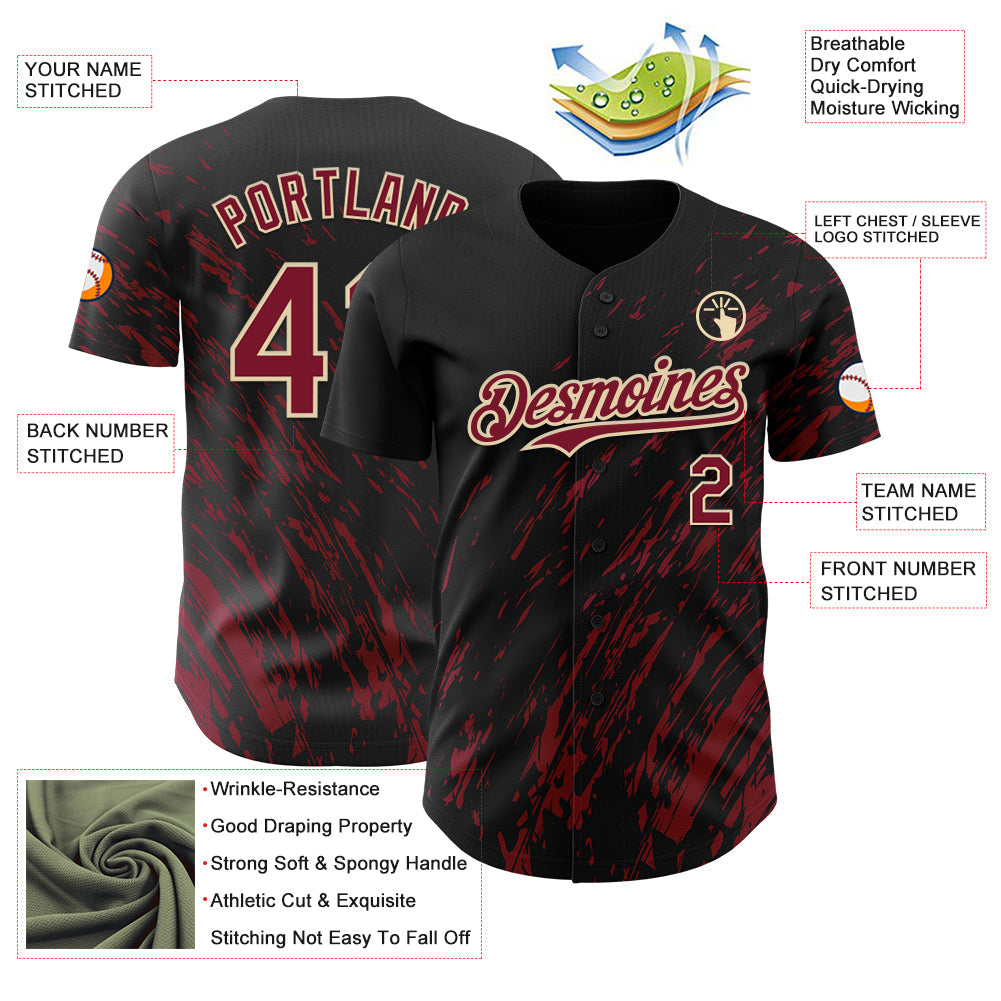 Custom Black Crimson-Cream Paint Stroke Grunge Streak Authentic Baseball Jersey view 3