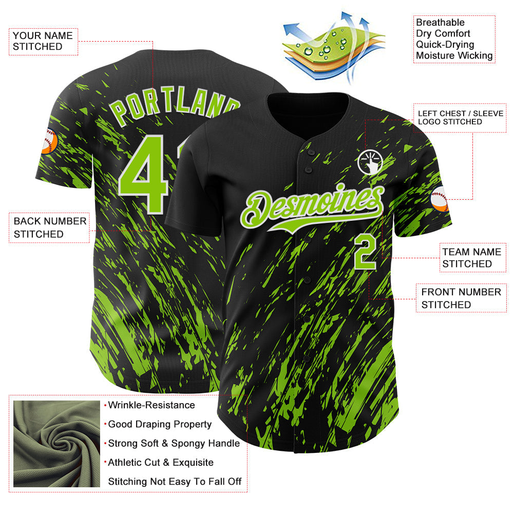 Custom Black Neon Green-White Paint Stroke Grunge Streak Authentic Baseball Jersey view 3