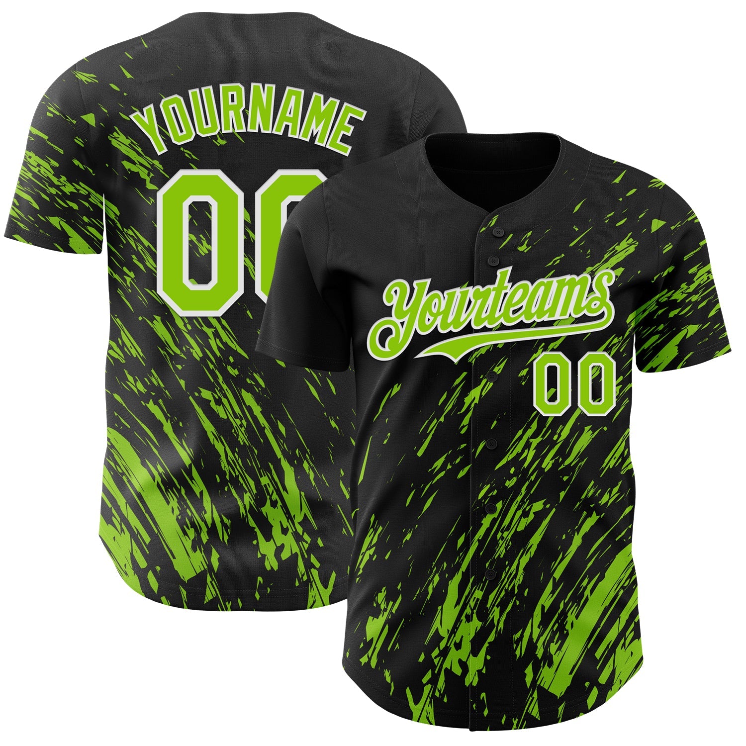 Custom Black Neon Green-White Paint Stroke Grunge Streak Authentic Baseball Jersey - Main View