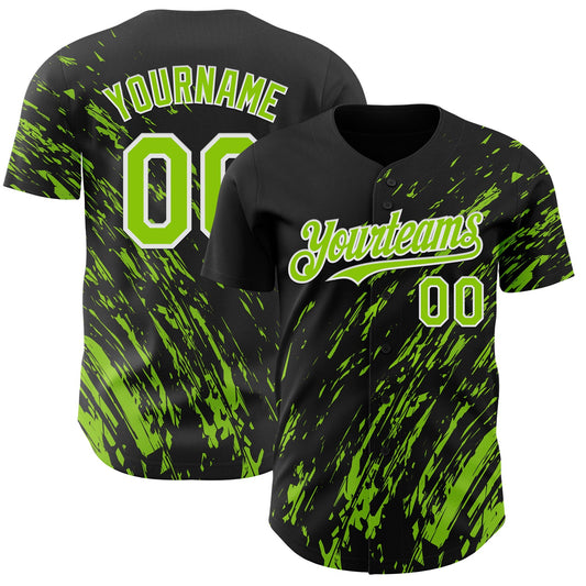 Custom Black Neon Green-White Paint Stroke Grunge Streak Authentic Baseball Jersey - Main View