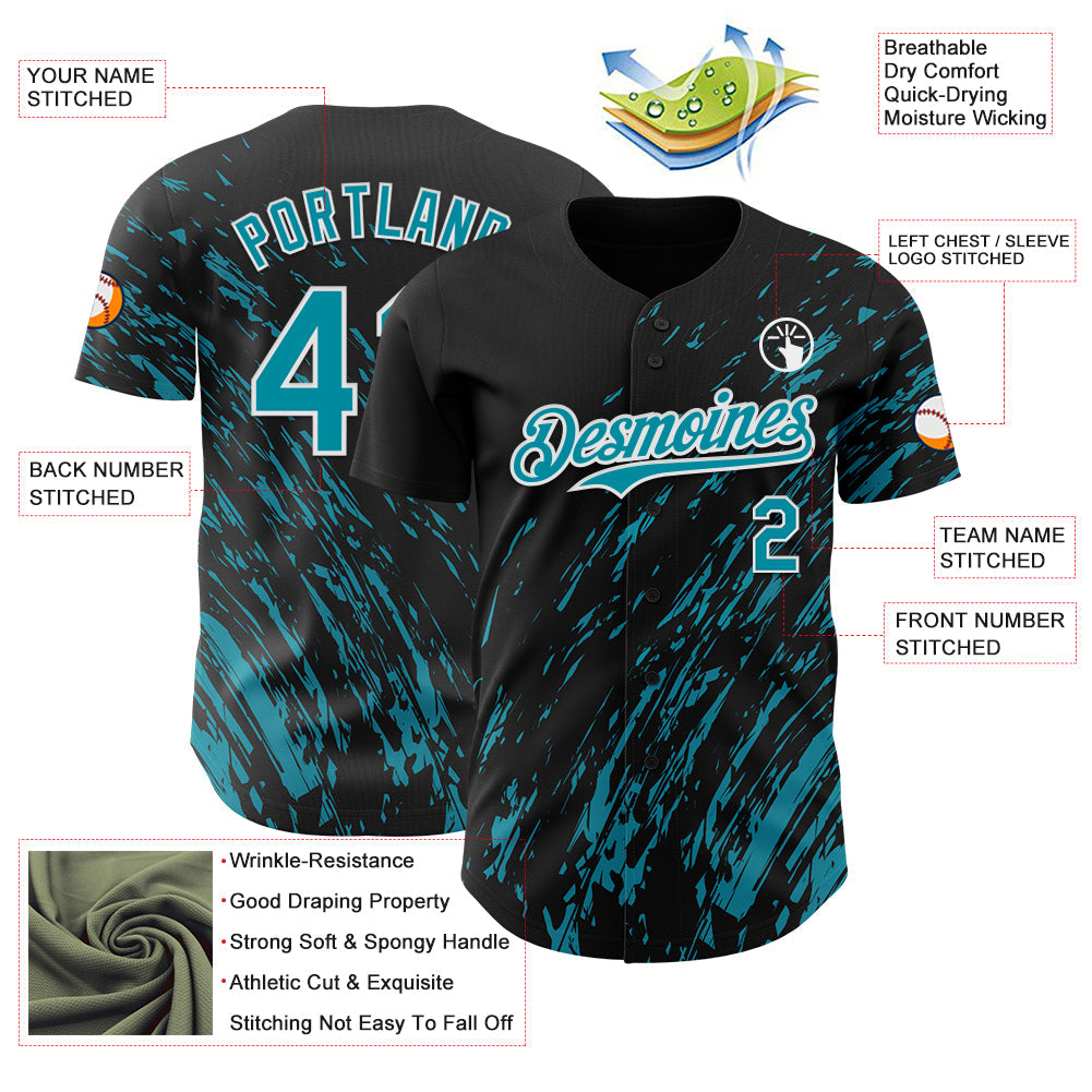 Custom Black Teal-White Paint Stroke Grunge Streak Authentic Baseball Jersey view 3