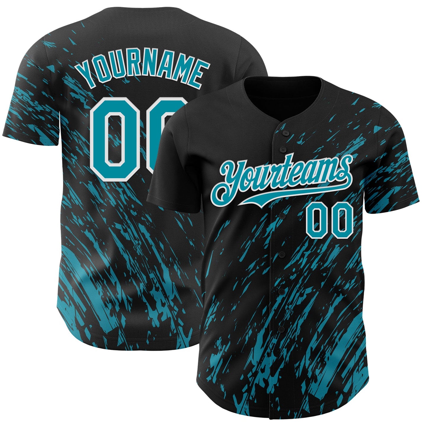 Custom Black Teal-White Paint Stroke Grunge Streak Authentic Baseball Jersey - Main View