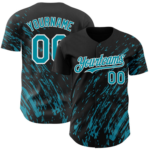 Custom Black Teal-White Paint Stroke Grunge Streak Authentic Baseball Jersey - Main View