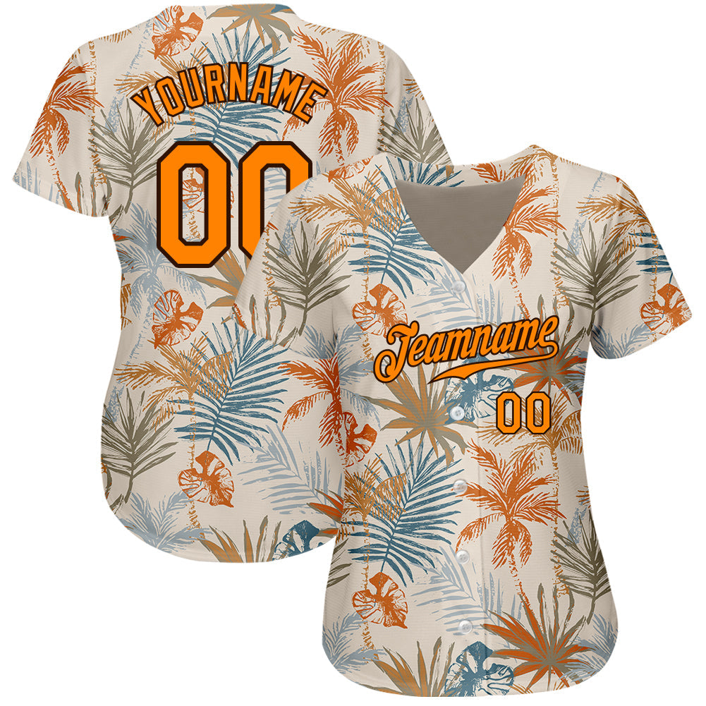Custom Cream Bay Orange-Brown 3D Pattern Design Hawaii Palm Leaves Authentic Baseball Jersey view 2
