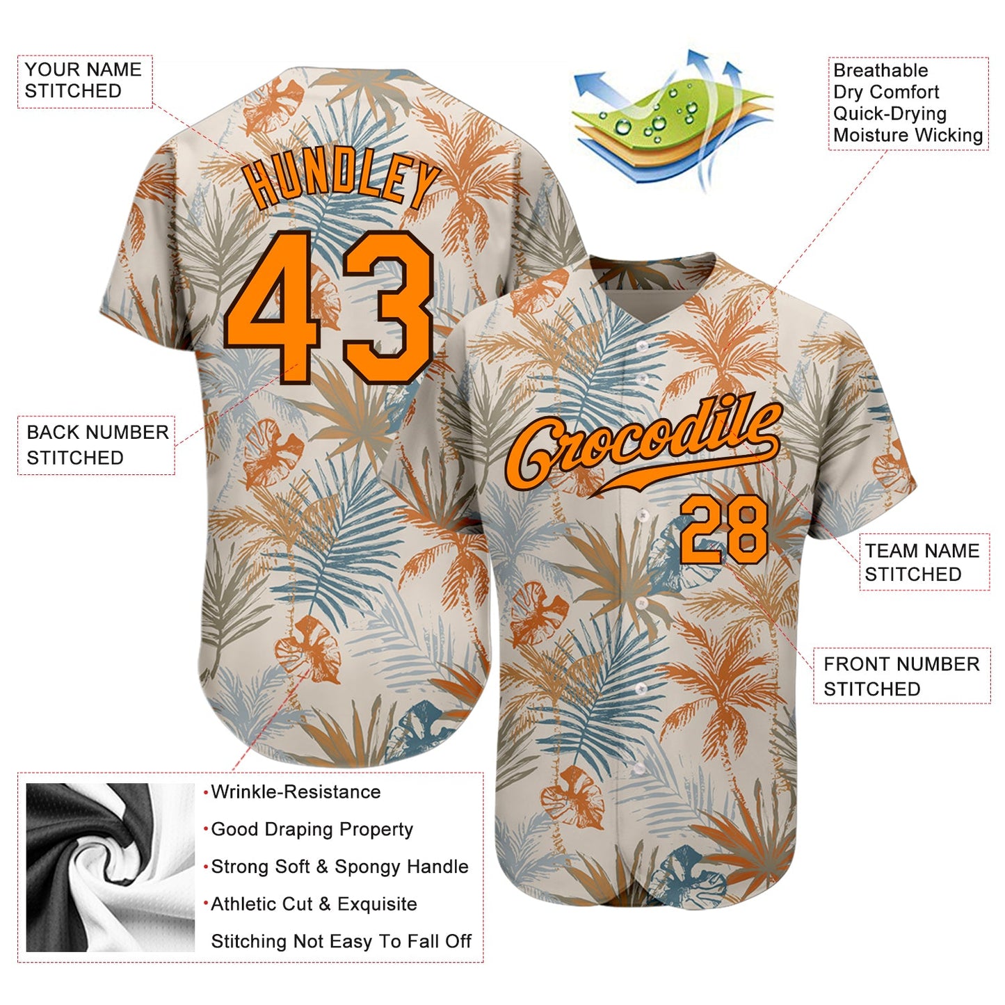 Custom Cream Bay Orange-Brown 3D Pattern Design Hawaii Palm Leaves Authentic Baseball Jersey view 3