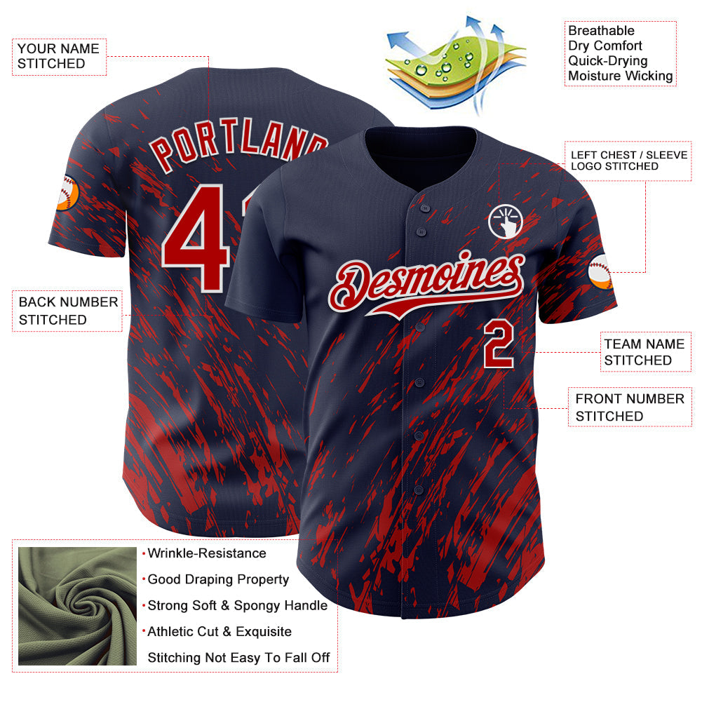 Custom Navy Red-White Paint Stroke Grunge Streak Authentic Baseball Jersey view 3