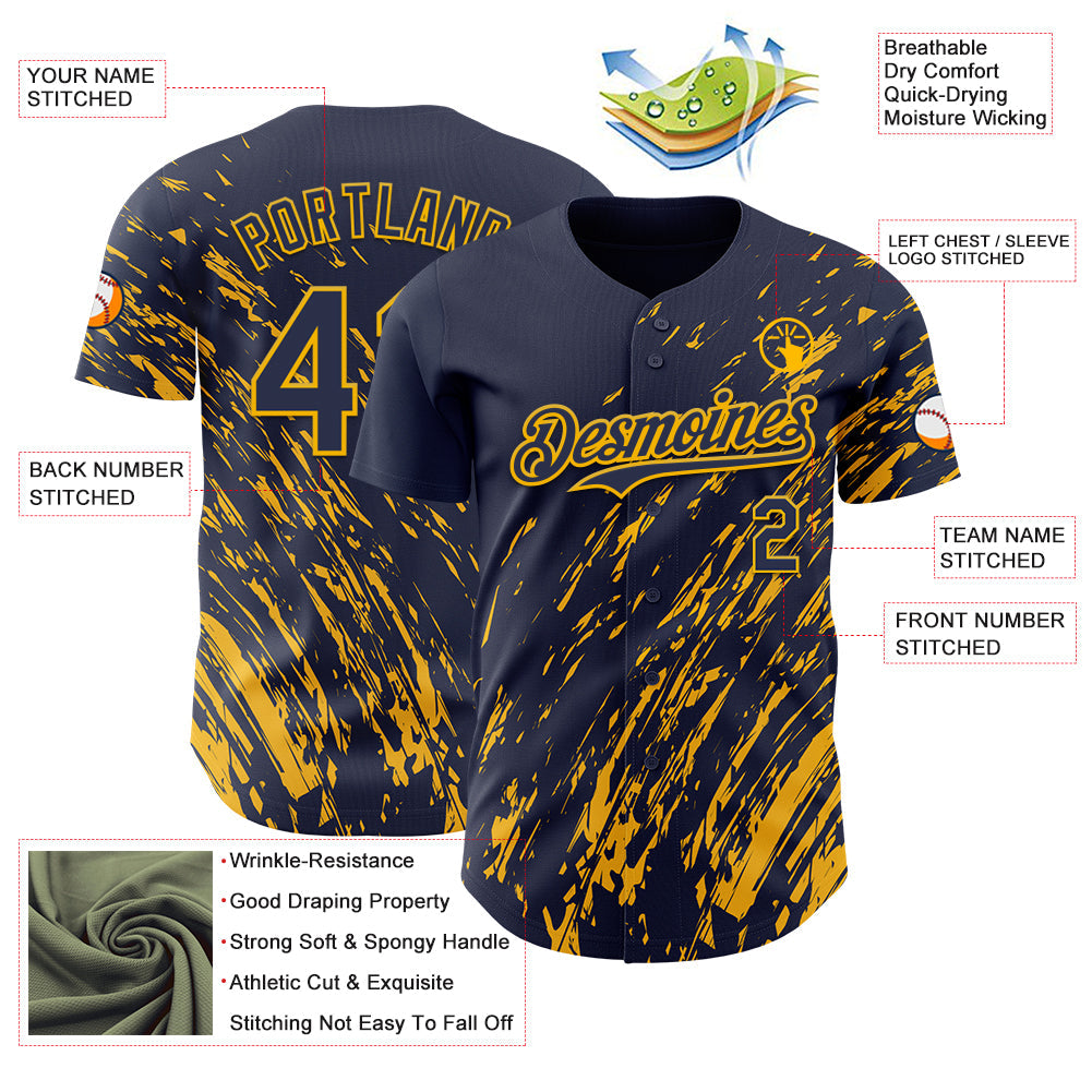 Custom Navy Gold Paint Stroke Grunge Streak Authentic Baseball Jersey view 3
