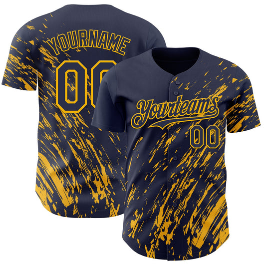 Custom Navy Gold Paint Stroke Grunge Streak Authentic Baseball Jersey - Main View