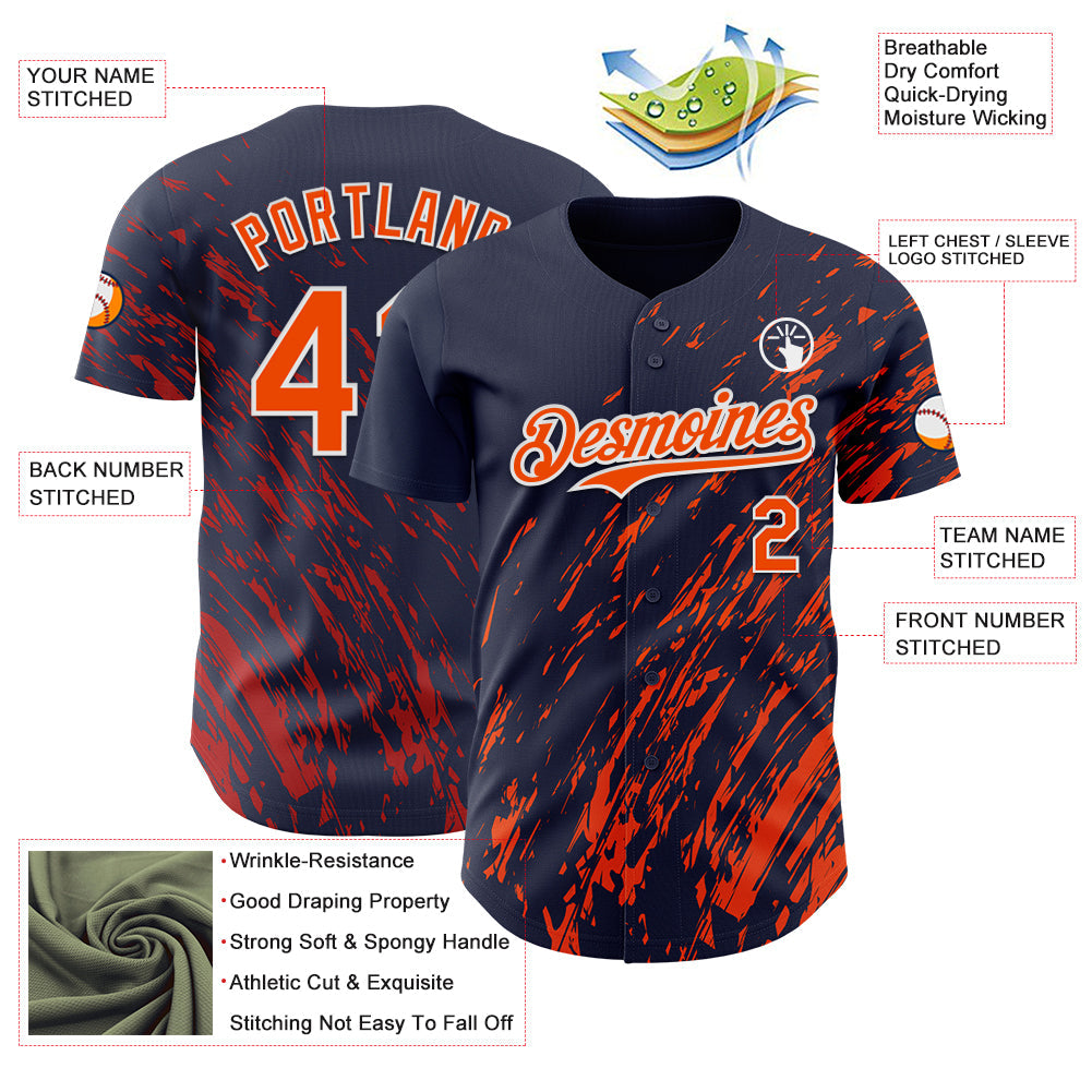 Custom Navy Orange-White Paint Stroke Grunge Streak Authentic Baseball Jersey view 3