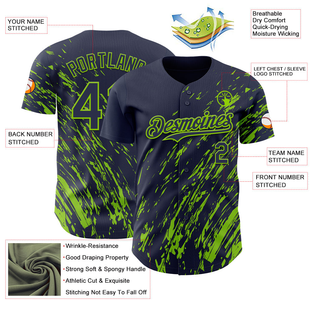 Custom Navy Neon Green Paint Stroke Grunge Streak Authentic Baseball Jersey view 3