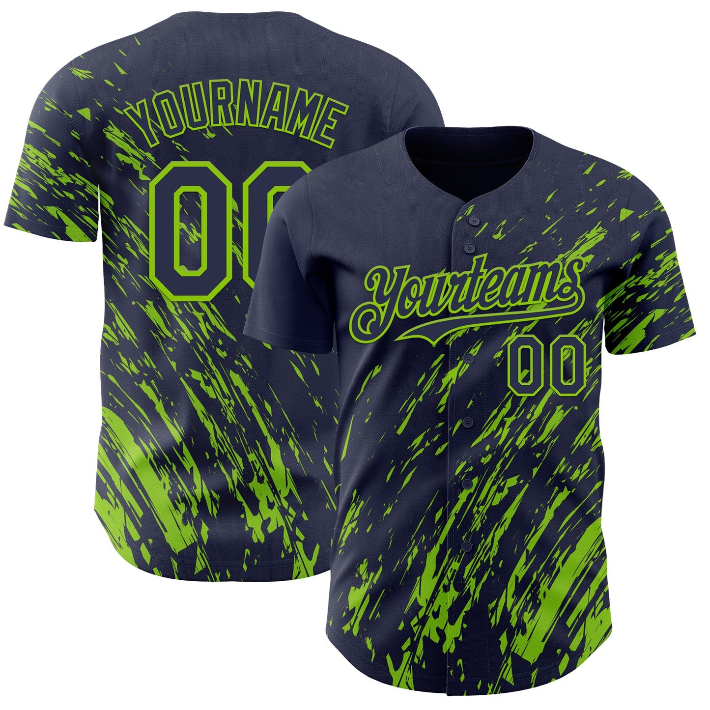 Custom Navy Neon Green Paint Stroke Grunge Streak Authentic Baseball Jersey - Main View