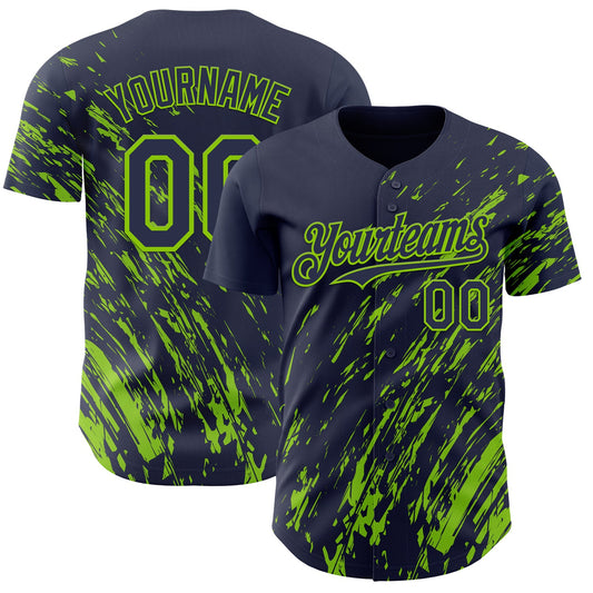 Custom Navy Neon Green Paint Stroke Grunge Streak Authentic Baseball Jersey - Main View