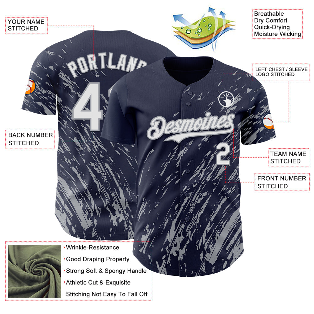 Custom Navy White-Gray Paint Stroke Grunge Streak Authentic Baseball Jersey view 3