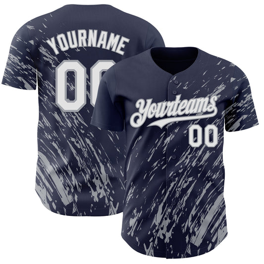 Custom Navy White-Gray Paint Stroke Grunge Streak Authentic Baseball Jersey - Main View