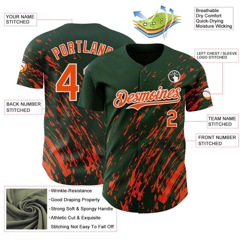 Custom Green Orange-White Paint Stroke Grunge Streak Authentic Baseball Jersey view 3
