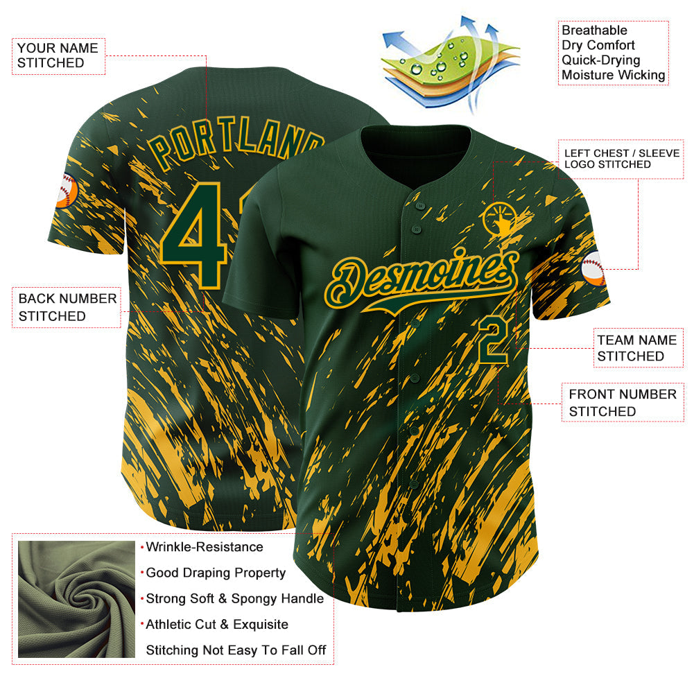 Custom Green Gold Paint Stroke Grunge Streak Authentic Baseball Jersey view 3
