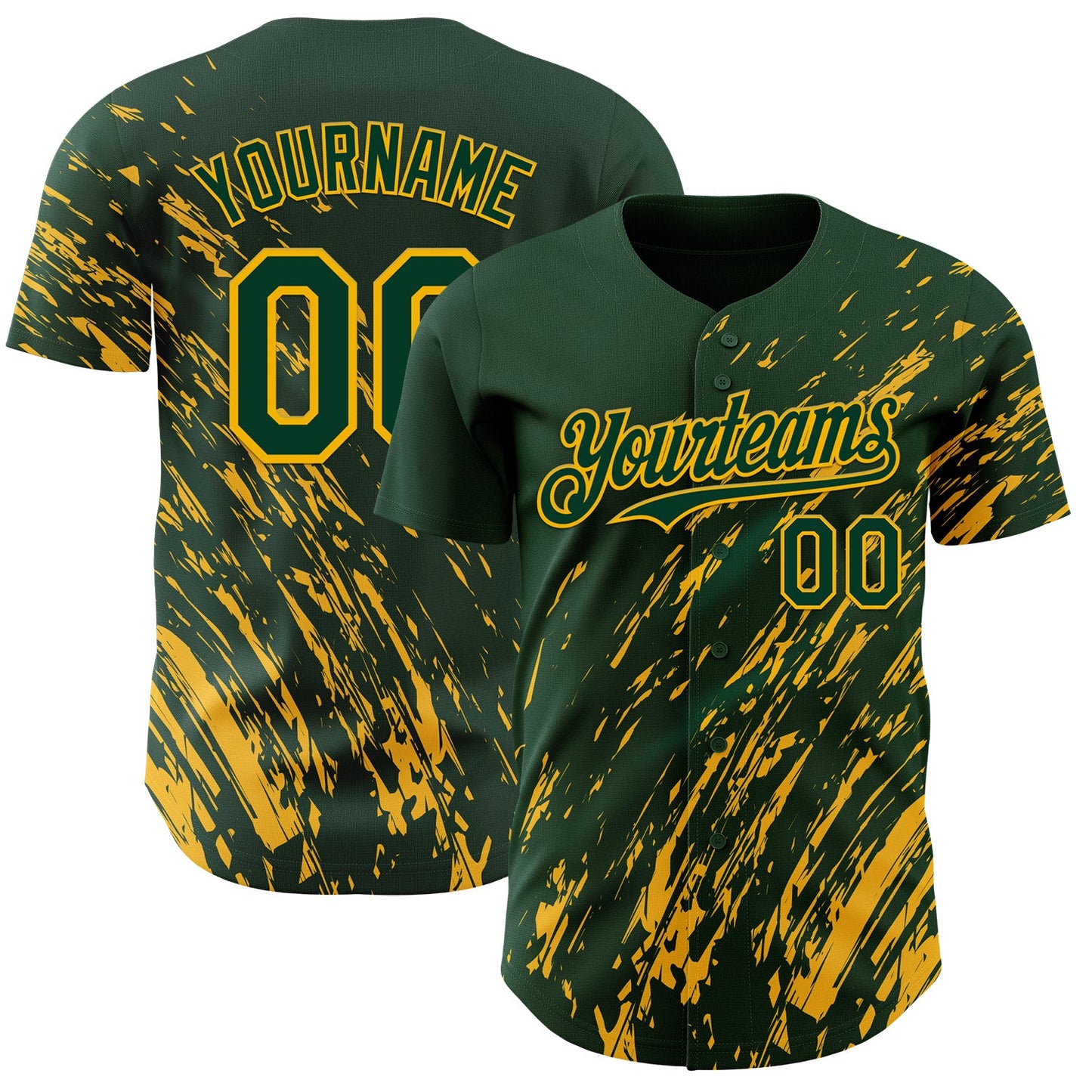 Custom Green Gold Paint Stroke Grunge Streak Authentic Baseball Jersey - Main View