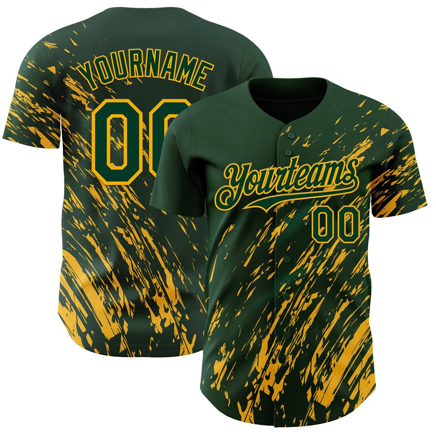 Custom Green Gold Paint Stroke Grunge Streak Authentic Baseball Jersey - Main View