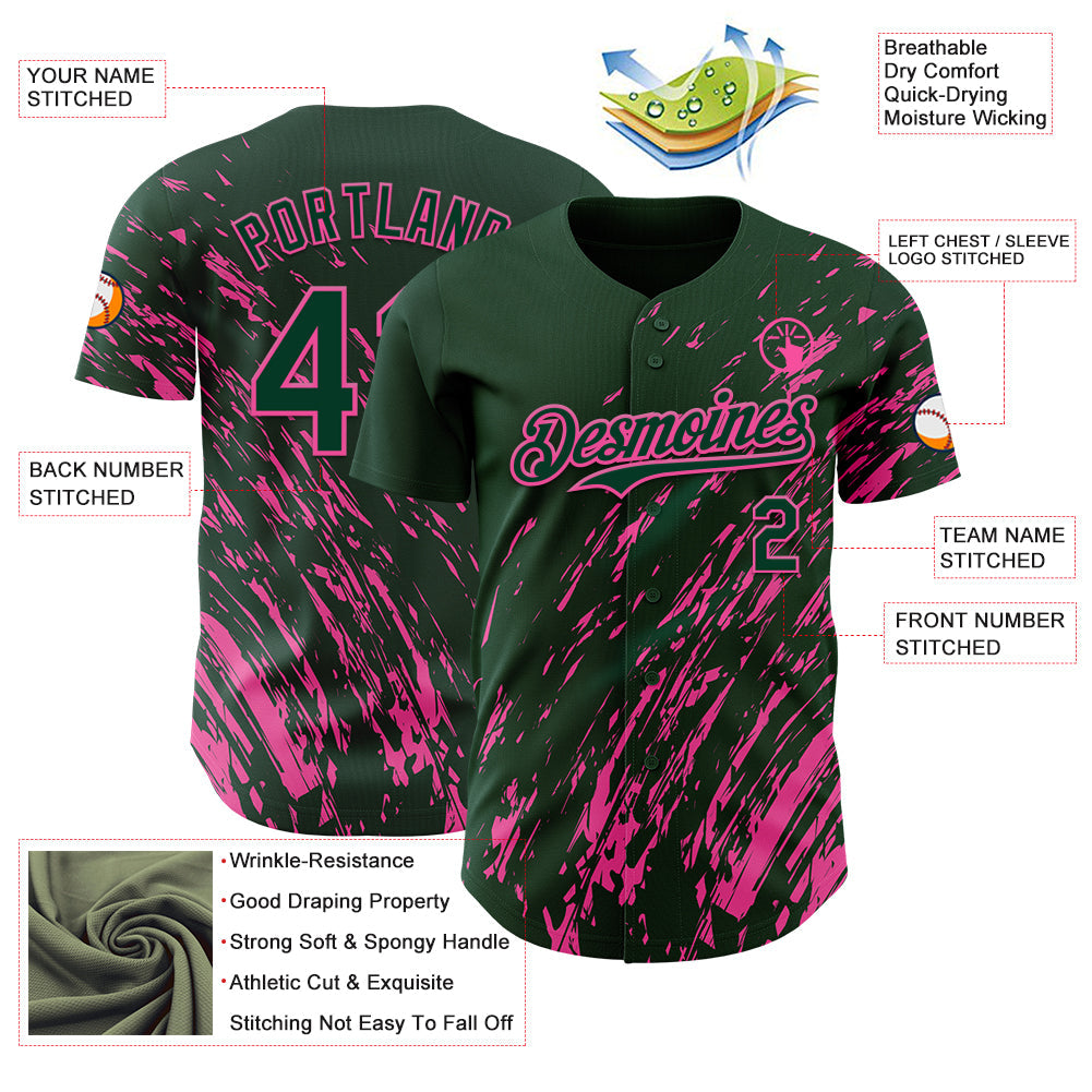 Custom Green Pink Paint Stroke Grunge Streak Authentic Baseball Jersey view 3