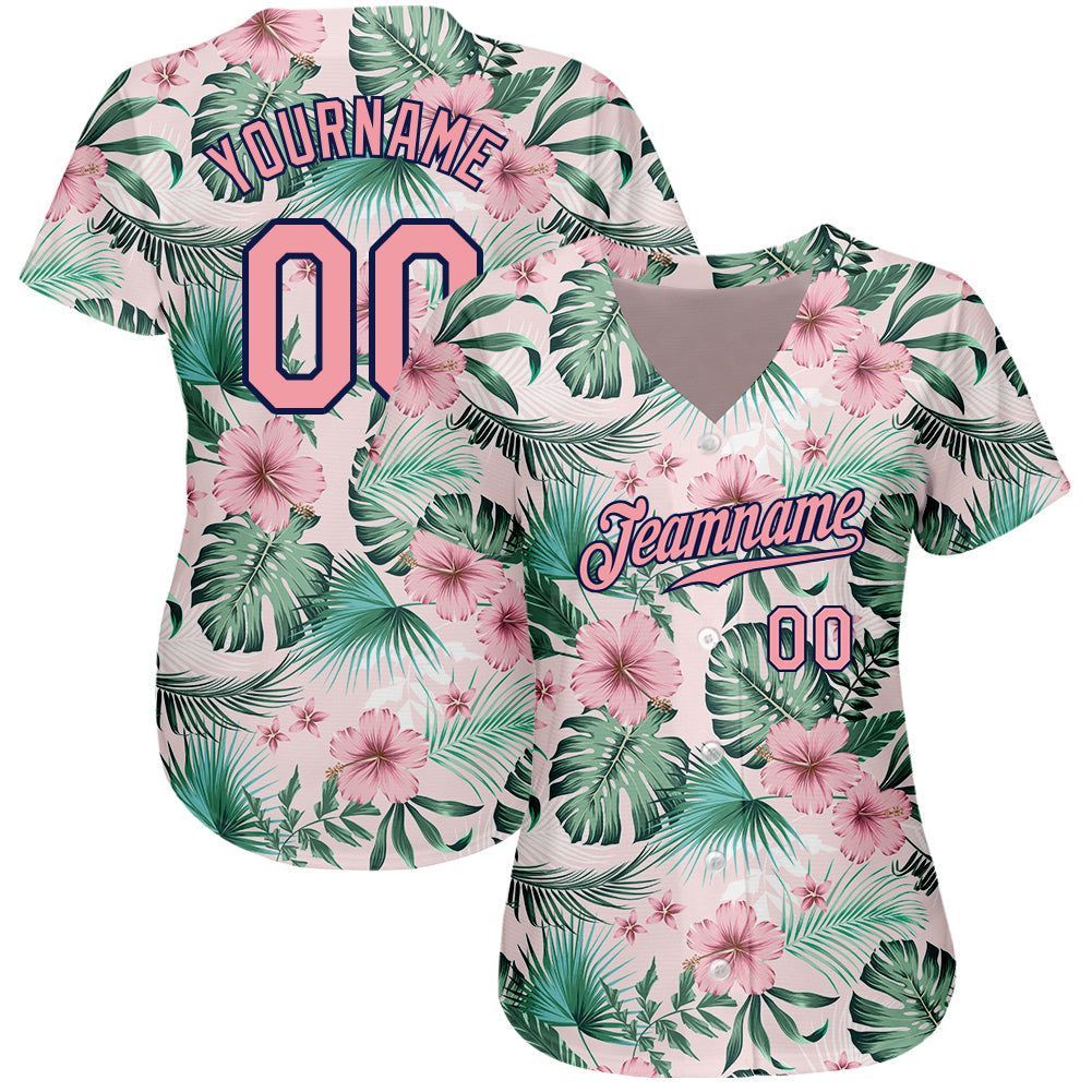 Custom White Medium Pink-Navy 3D Pattern Design Hawaii Palm Leaves And Flowers Authentic Baseball Jersey view 3