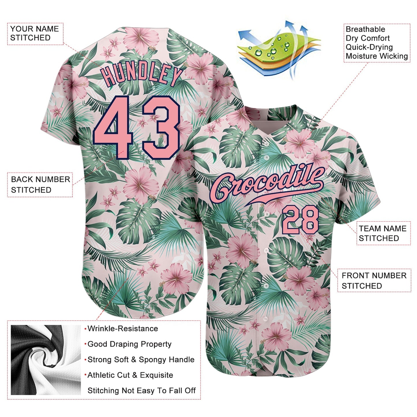 Custom White Medium Pink-Navy 3D Pattern Design Hawaii Palm Leaves And Flowers Authentic Baseball Jersey view 4