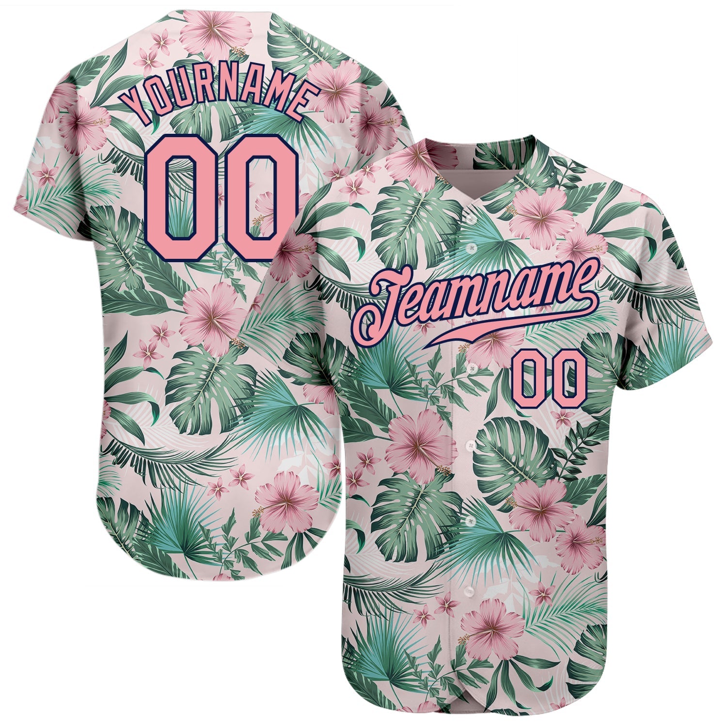 Custom White Medium Pink-Navy 3D Pattern Design Hawaii Palm Leaves And Flowers Authentic Baseball Jersey - Main View