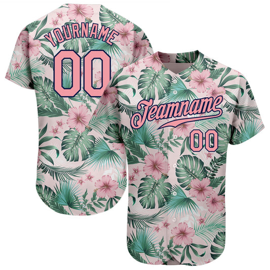 Custom White Medium Pink-Navy 3D Pattern Design Hawaii Palm Leaves And Flowers Authentic Baseball Jersey - Main View