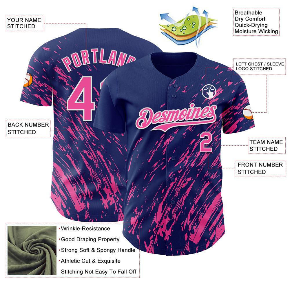 Custom Royal Pink-White Paint Stroke Grunge Streak Authentic Baseball Jersey view 3