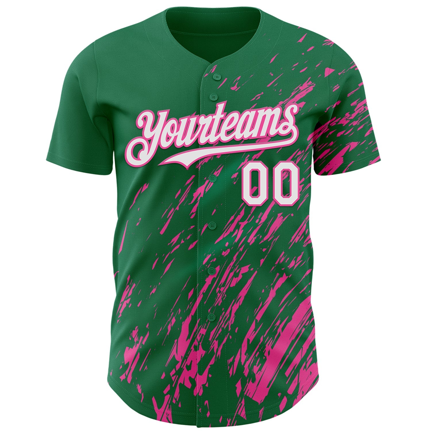 Custom Kelly Green White-Pink Paint Stroke Grunge Streak Authentic Baseball Jersey view 2