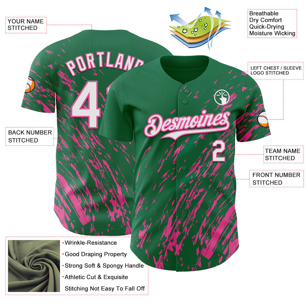 Custom Kelly Green White-Pink Paint Stroke Grunge Streak Authentic Baseball Jersey view 3