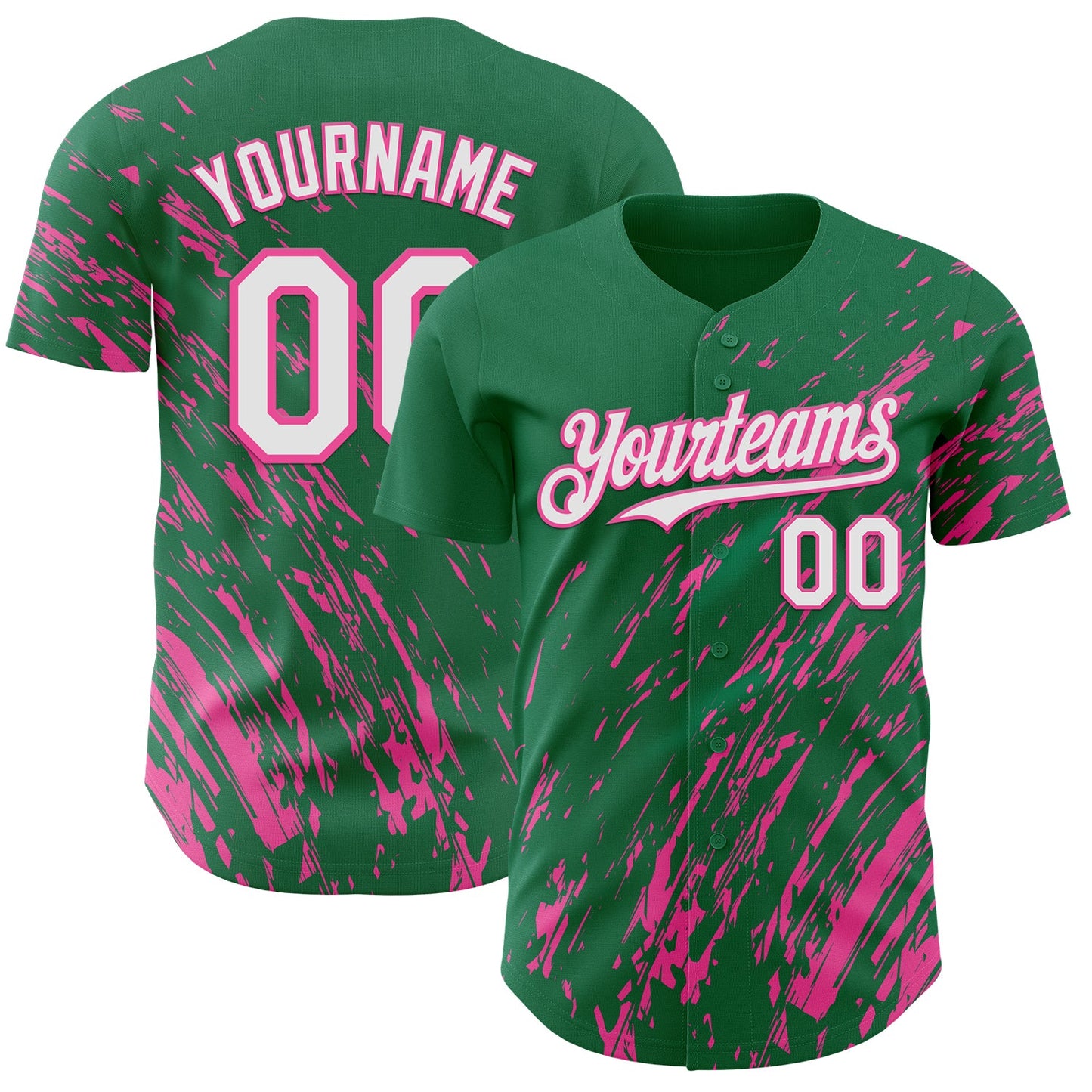Custom Kelly Green White-Pink Paint Stroke Grunge Streak Authentic Baseball Jersey - Main View