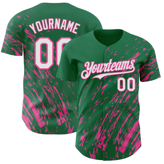 Custom Kelly Green White-Pink Paint Stroke Grunge Streak Authentic Baseball Jersey - Main View