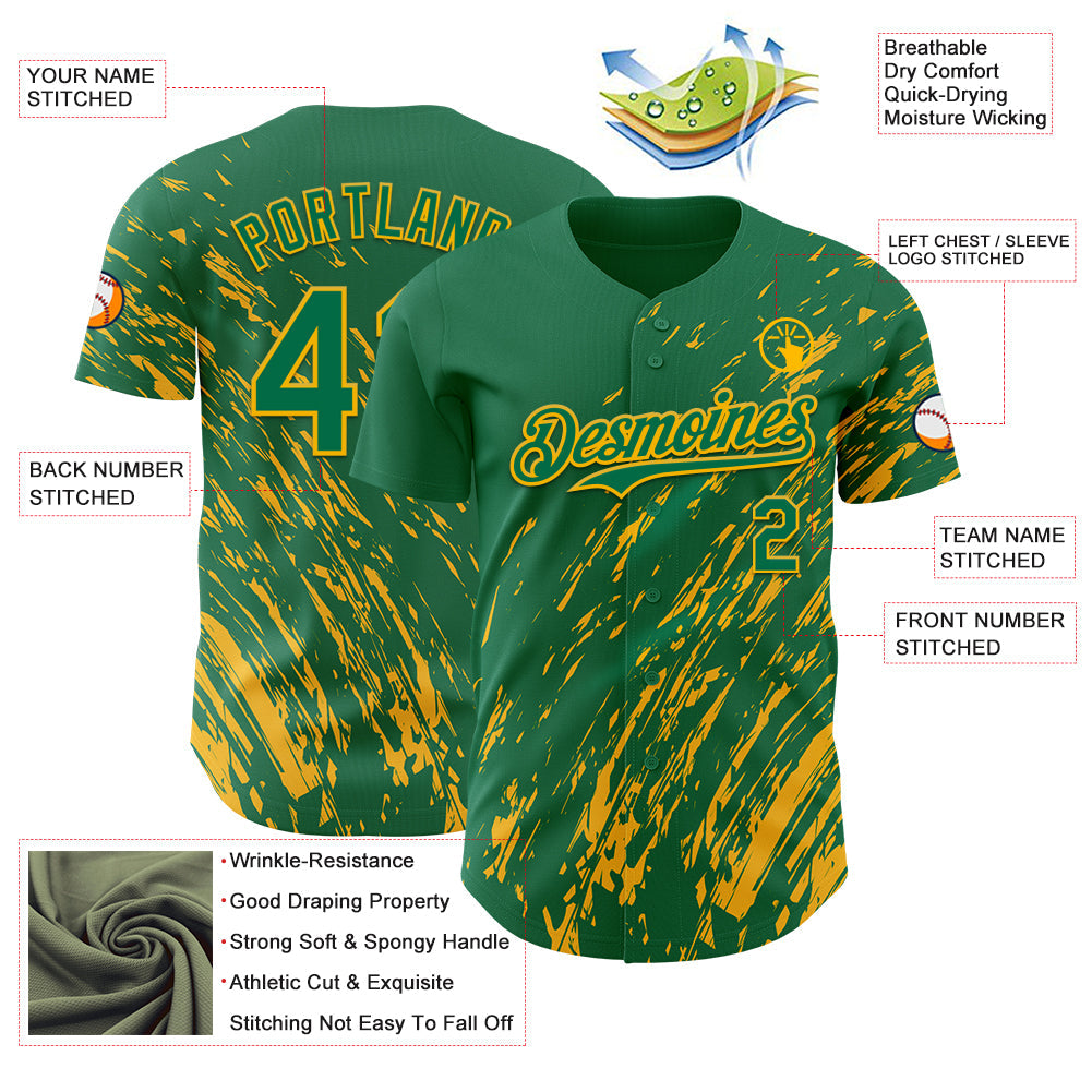 Custom Kelly Green Gold Paint Stroke Grunge Streak Authentic Baseball Jersey view 3