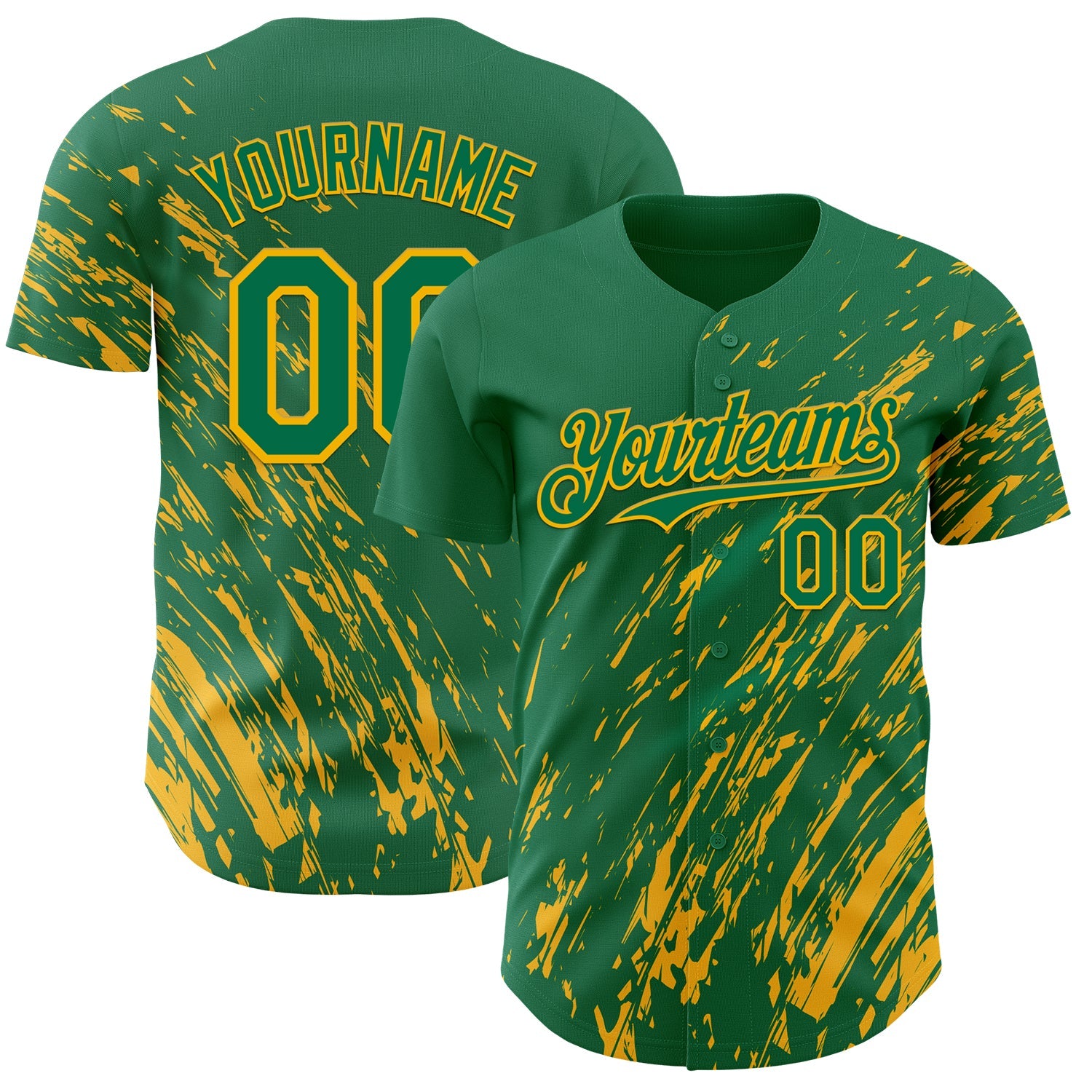 Custom Kelly Green Gold Paint Stroke Grunge Streak Authentic Baseball Jersey - Main View