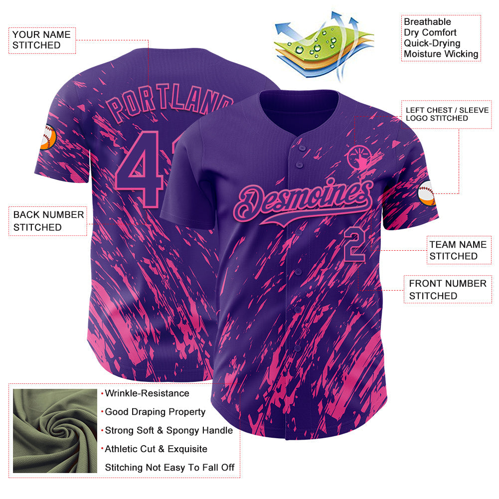 Custom Purple Pink Paint Stroke Grunge Streak Authentic Baseball Jersey view 3