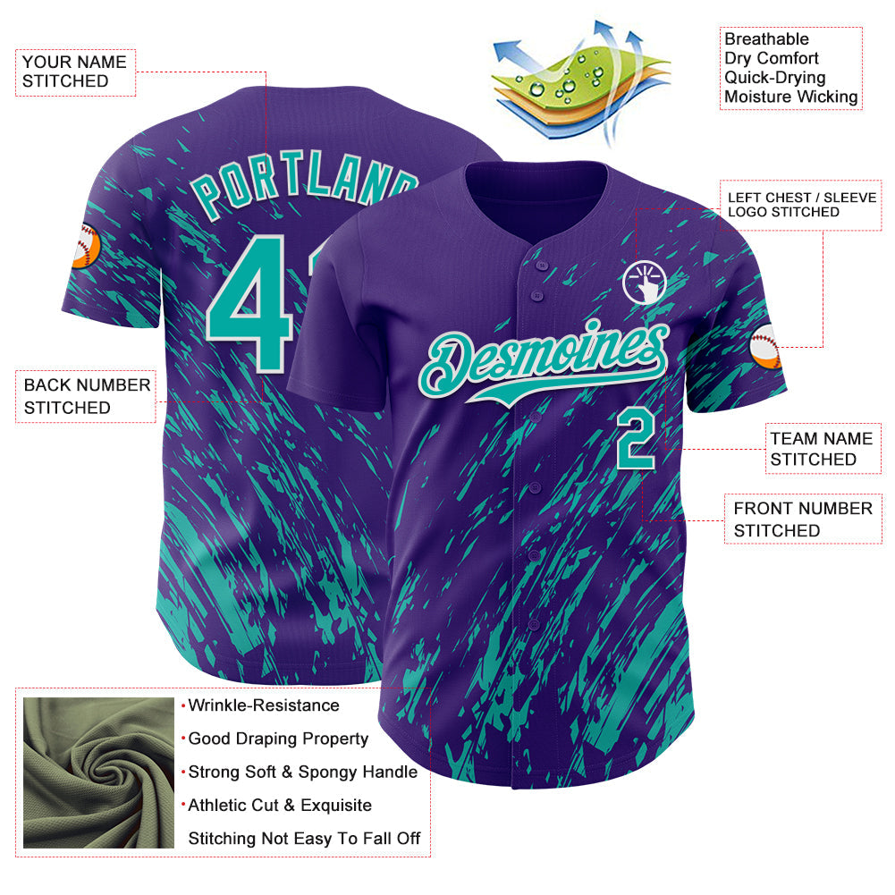 Custom Purple Aqua-White Paint Stroke Grunge Streak Authentic Baseball Jersey view 3