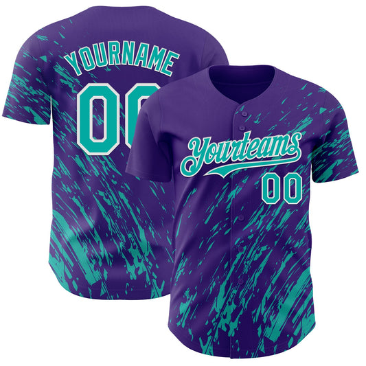 Custom Purple Aqua-White Paint Stroke Grunge Streak Authentic Baseball Jersey - Main View