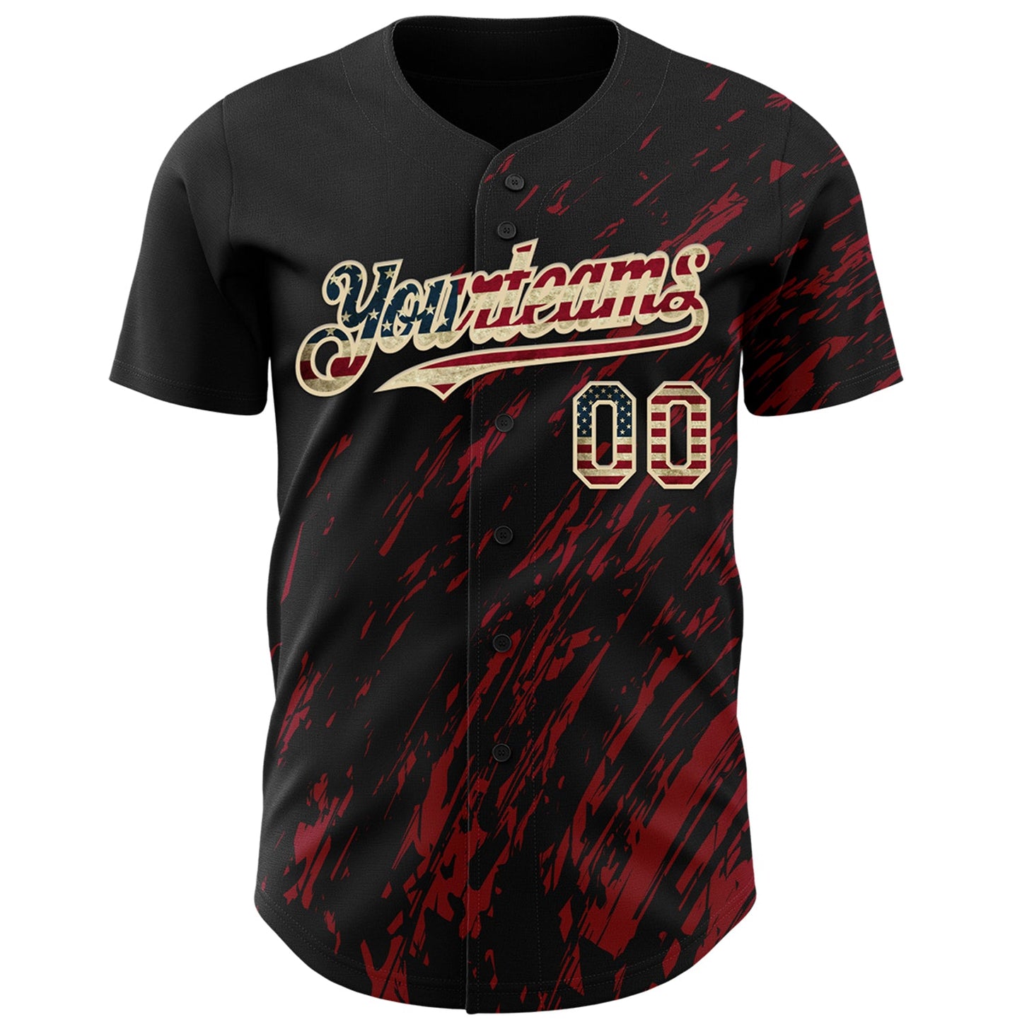Custom Black Vintage USA Flag Crimson-Cream Paint Stroke Grunge Streak Authentic Baseball Jersey view 2