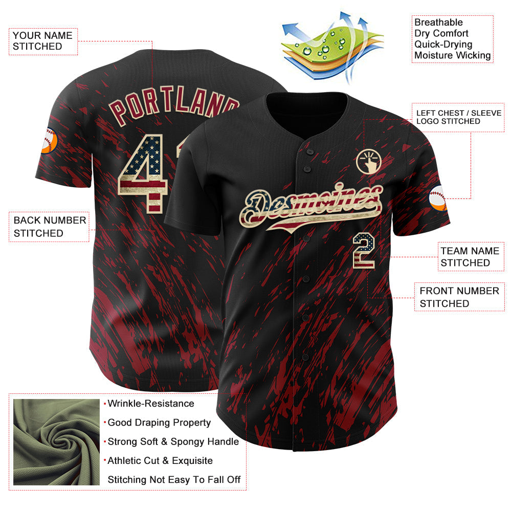 Custom Black Vintage USA Flag Crimson-Cream Paint Stroke Grunge Streak Authentic Baseball Jersey view 3