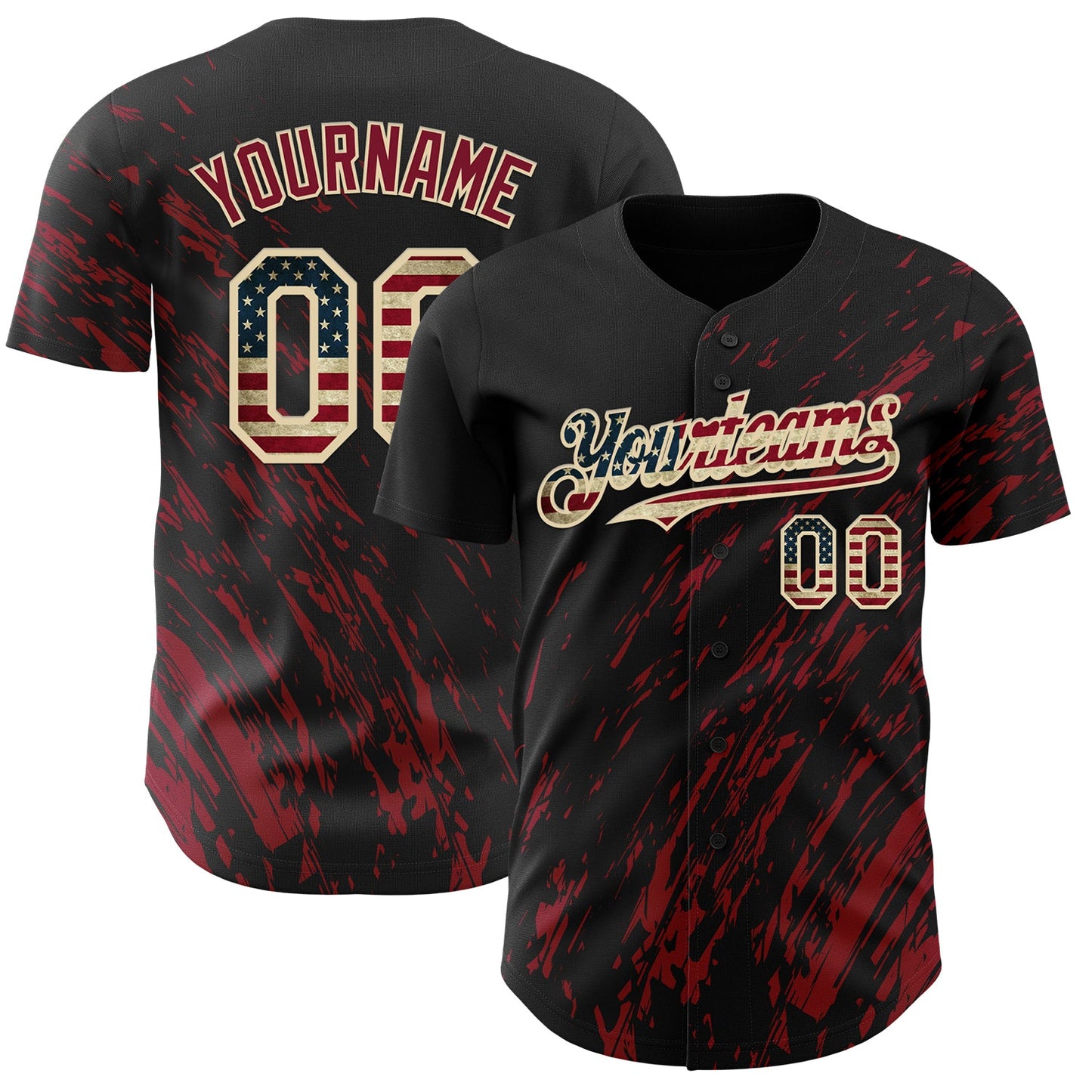 Custom Black Vintage USA Flag Crimson-Cream Paint Stroke Grunge Streak Authentic Baseball Jersey - Main View