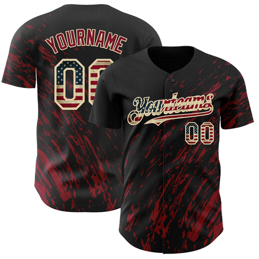 Custom Black Vintage USA Flag Crimson-Cream Paint Stroke Grunge Streak Authentic Baseball Jersey - Main View