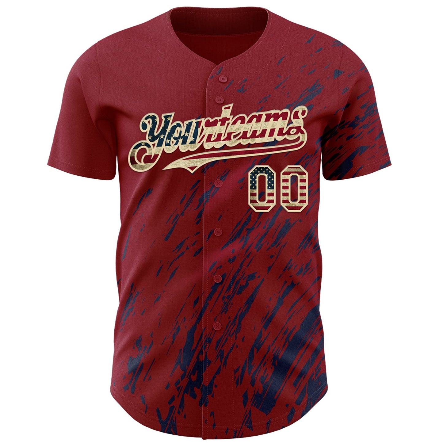 Custom Crimson Vintage USA Flag Navy-Cream Paint Stroke Grunge Streak Authentic Baseball Jersey view 2