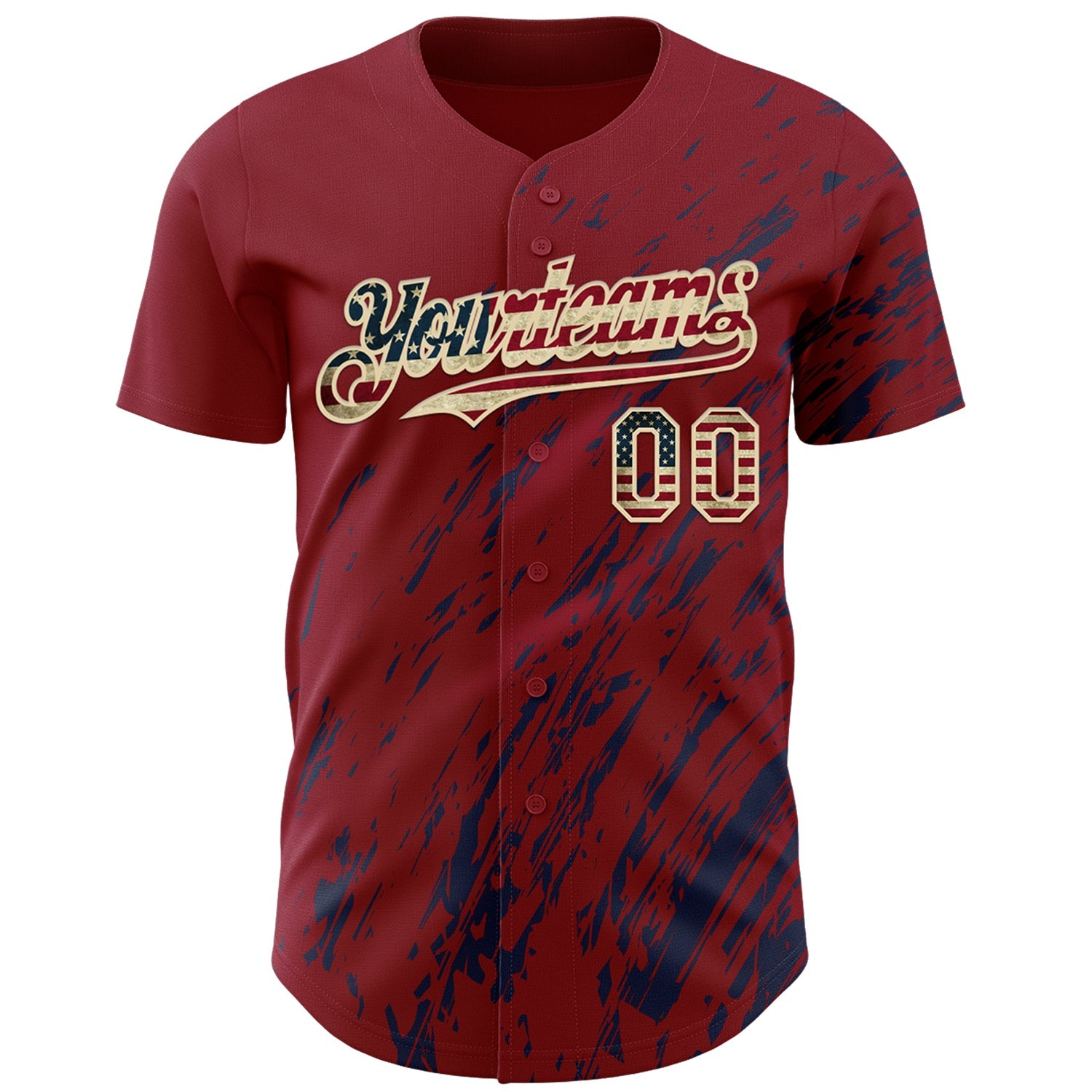 Custom Crimson Vintage USA Flag Navy-Cream Paint Stroke Grunge Streak Authentic Baseball Jersey view 2