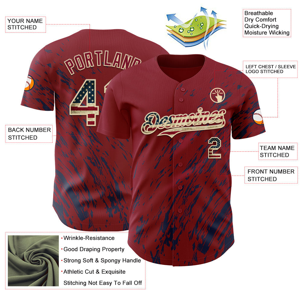 Custom Crimson Vintage USA Flag Navy-Cream Paint Stroke Grunge Streak Authentic Baseball Jersey view 3