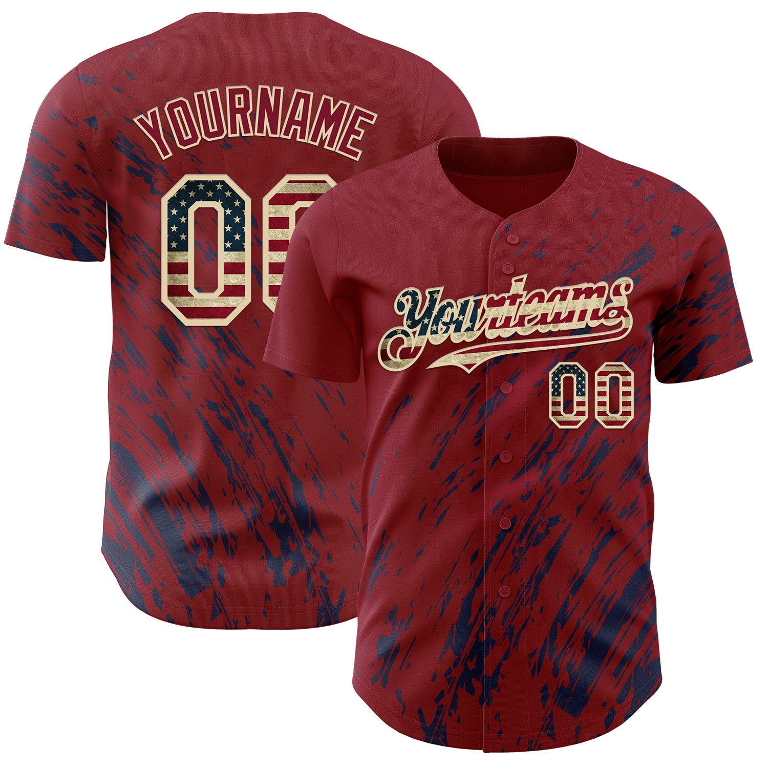 Custom Crimson Vintage USA Flag Navy-Cream Paint Stroke Grunge Streak Authentic Baseball Jersey - Main View